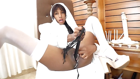 Sexy brunette hair with a dildo & facial